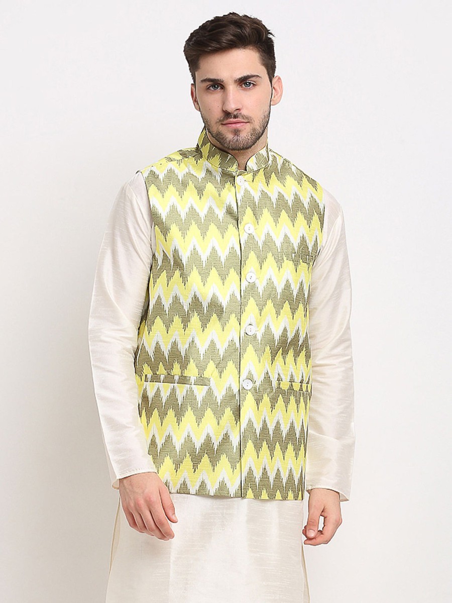 Men Virat Fashions | Men'S Olive Ikat Printed Nehru Jacket ( Jowc 4030Multi-Olive ) - Virat Fashions