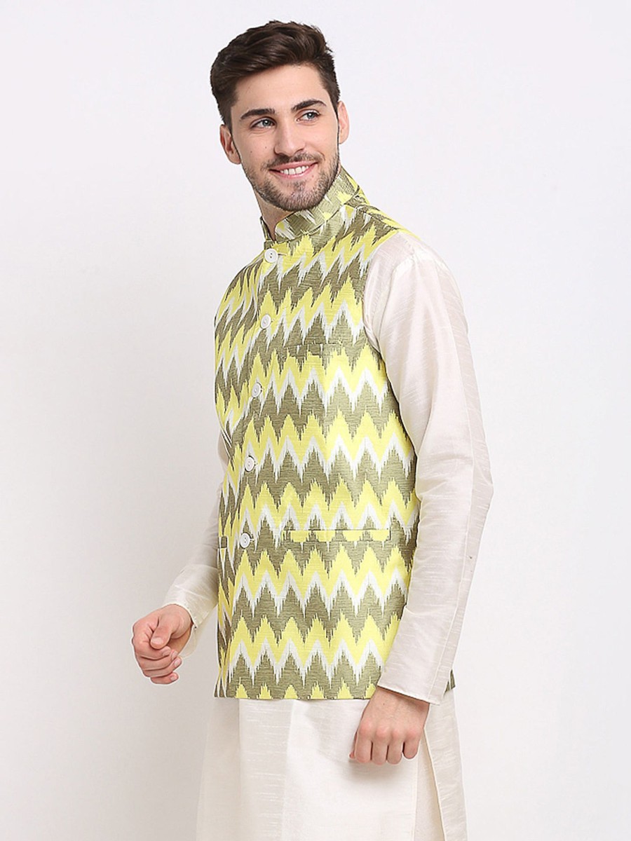 Men Virat Fashions | Men'S Olive Ikat Printed Nehru Jacket ( Jowc 4030Multi-Olive ) - Virat Fashions