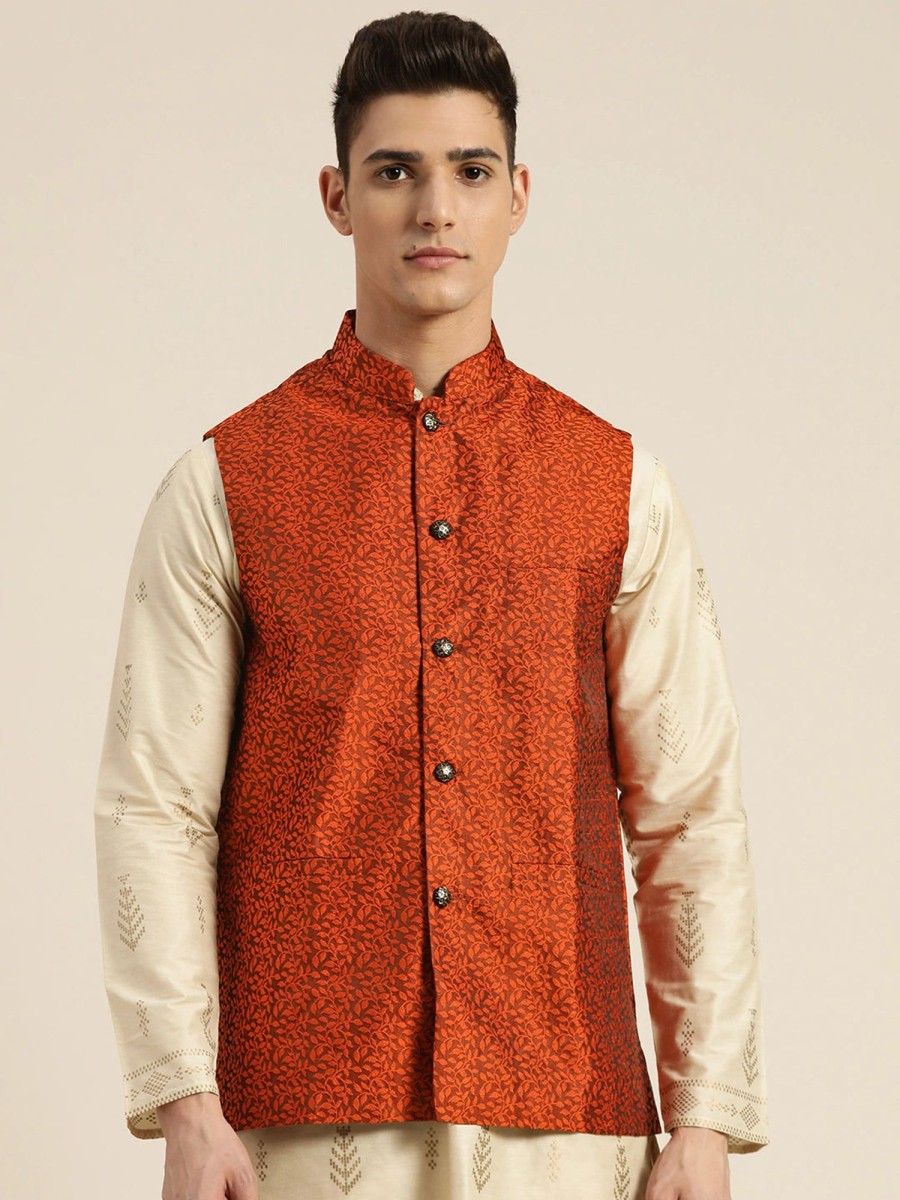 Men Sojanya | Men'S Jacquard Silk Self Design Only Nehrujacket - Sojanya Orange