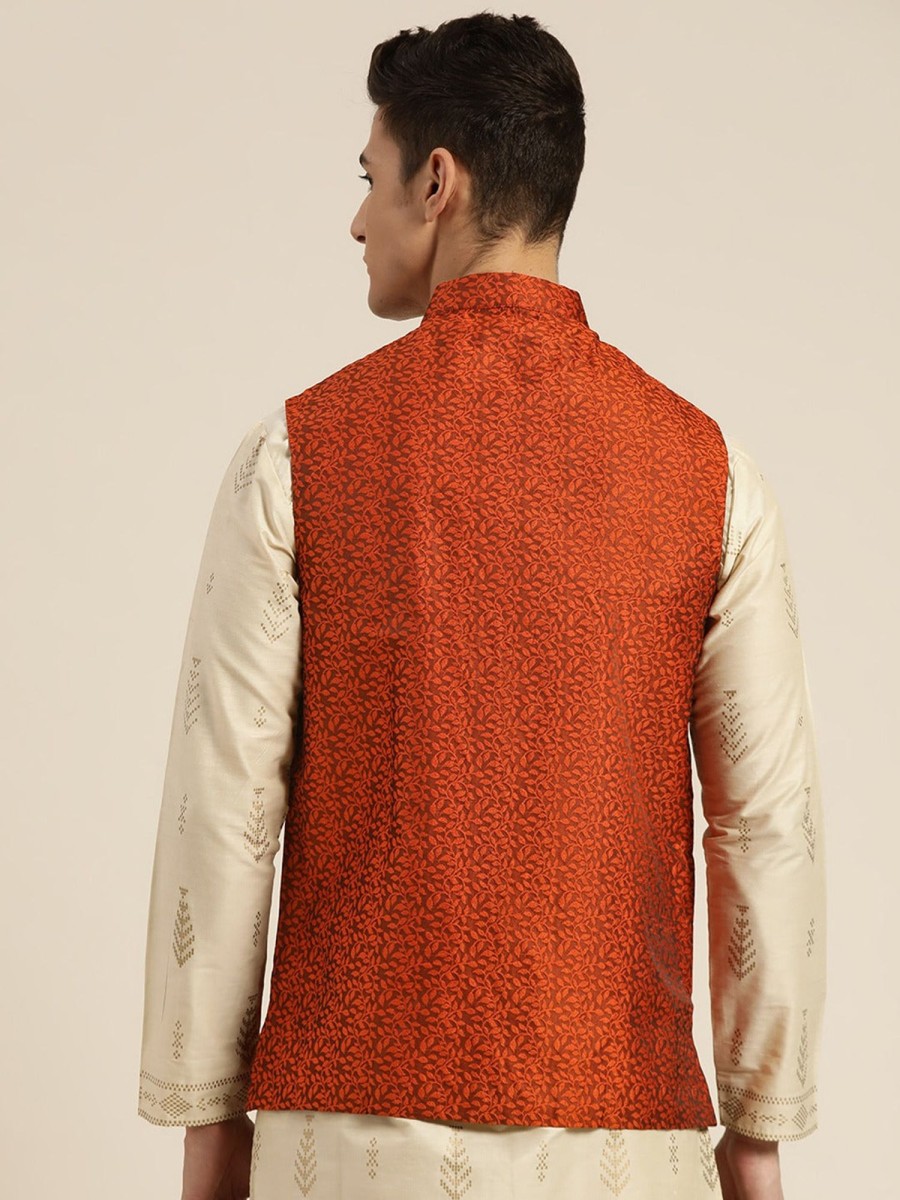 Men Sojanya | Men'S Jacquard Silk Self Design Only Nehrujacket - Sojanya Orange