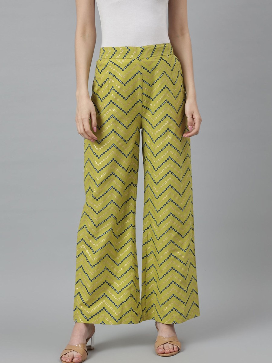 Women DECKEDUP | Women'S And Gold Chevron Print Palazzo - Deckedup Green