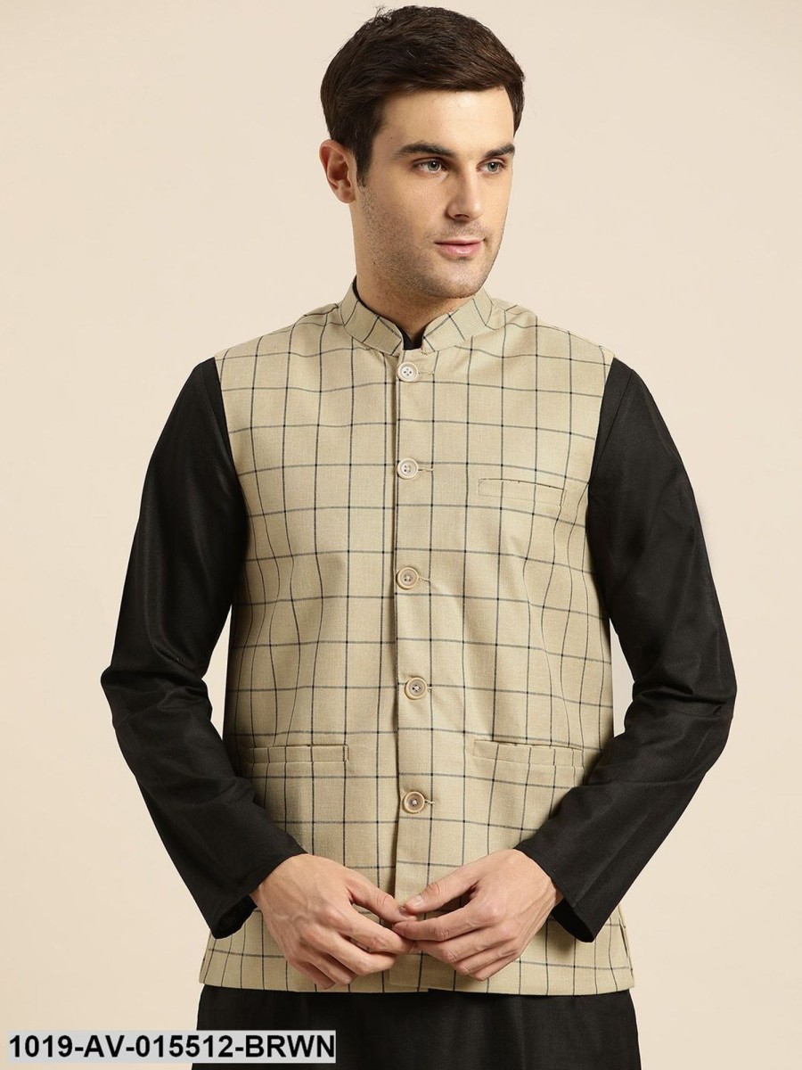 Men Sojanya | Men'S Cotton Blend Light Brown U0026 Black Checked Nehru Jacket - Sojanya