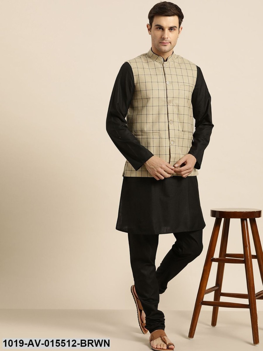 Men Sojanya | Men'S Cotton Blend Light Brown U0026 Black Checked Nehru Jacket - Sojanya