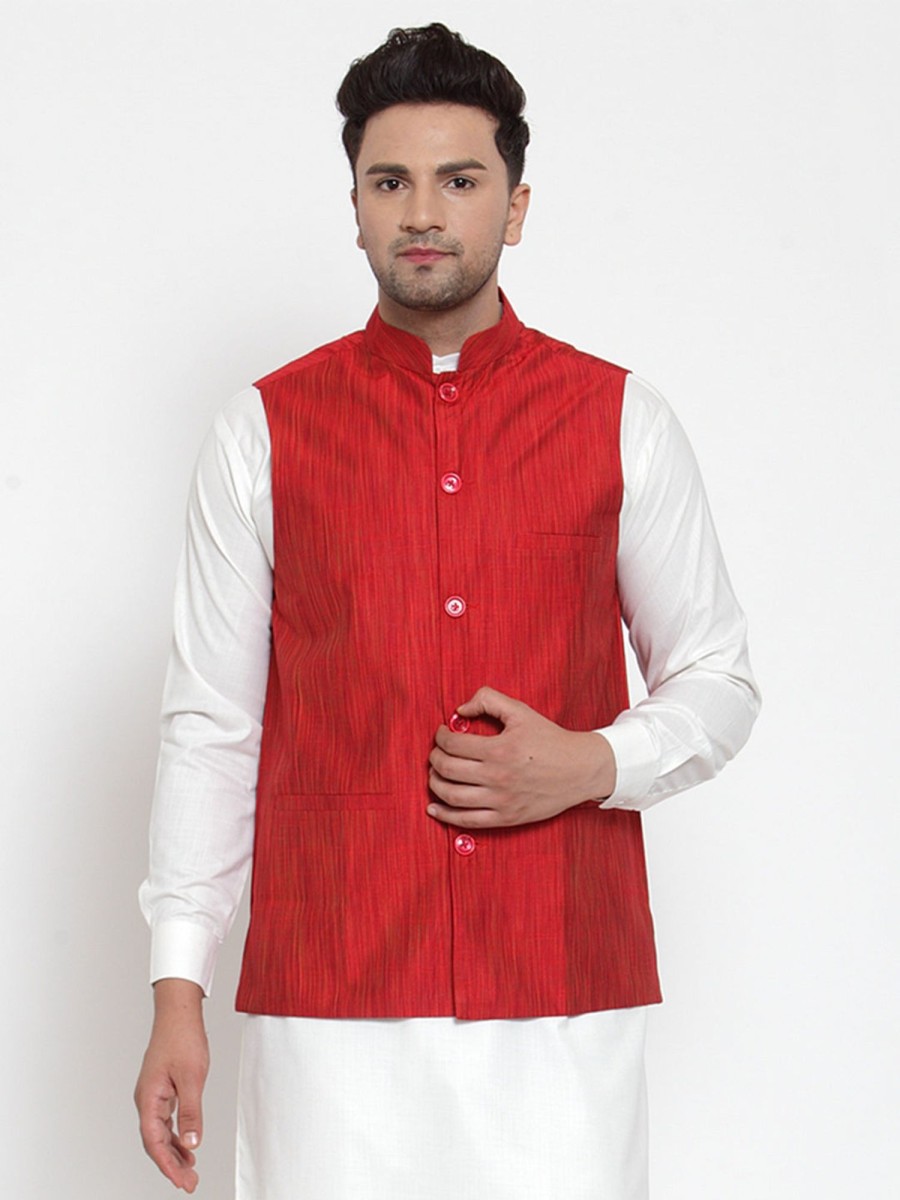 Men Virat Fashions | Men'S Red Woven Design Nehru Jacket ( Jowc 4010 Red ) - Virat Fashions