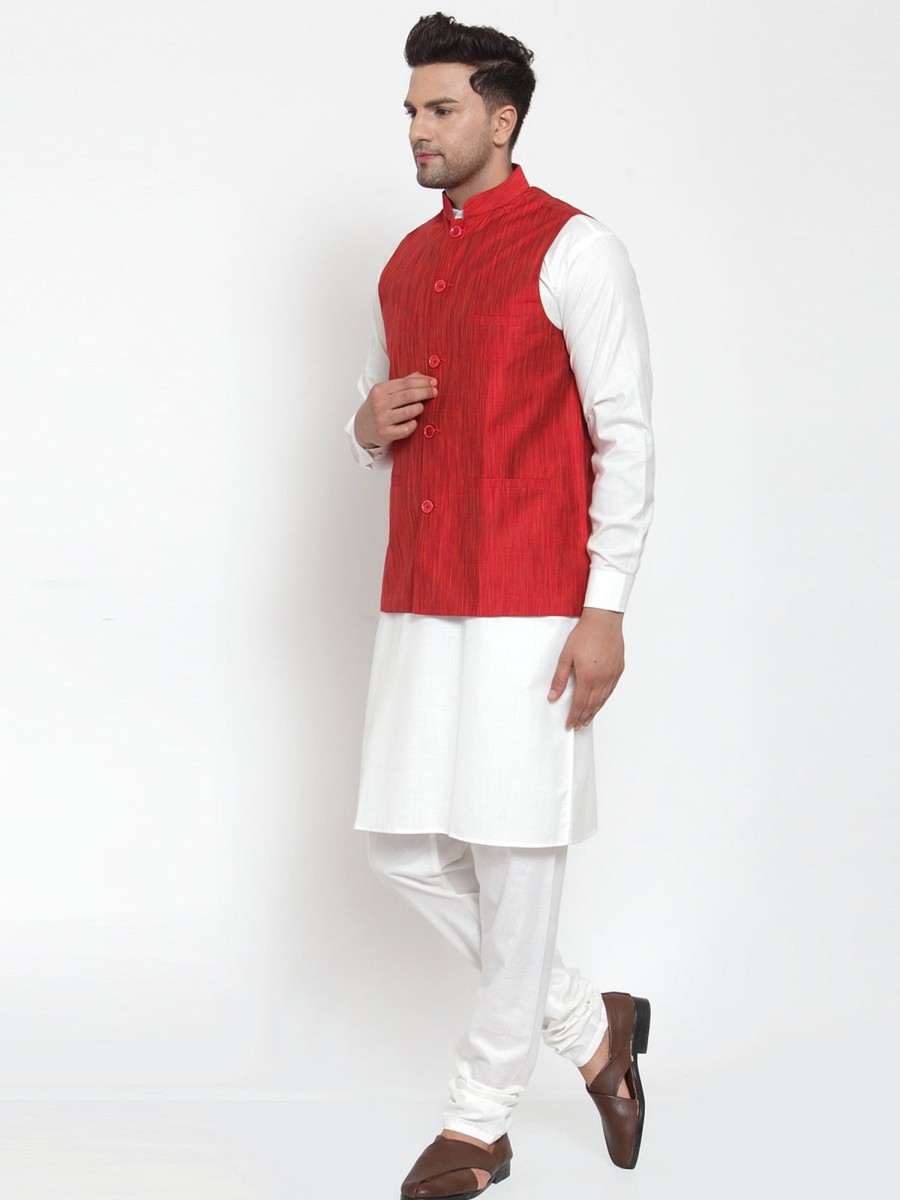 Men Virat Fashions | Men'S Red Woven Design Nehru Jacket ( Jowc 4010 Red ) - Virat Fashions