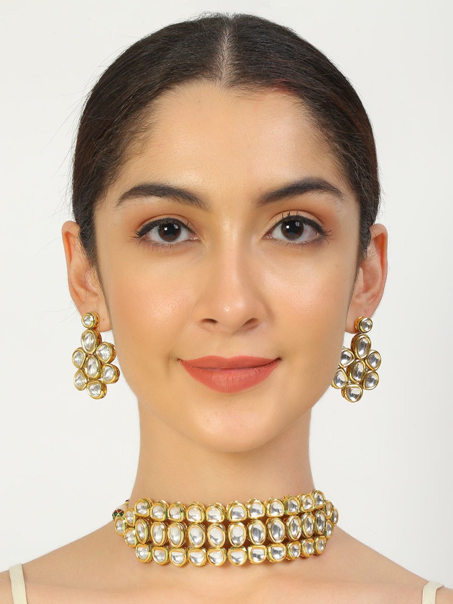 Jewellery Femizen | Women'S Kundan Choker With Earrings - Femizen Golden