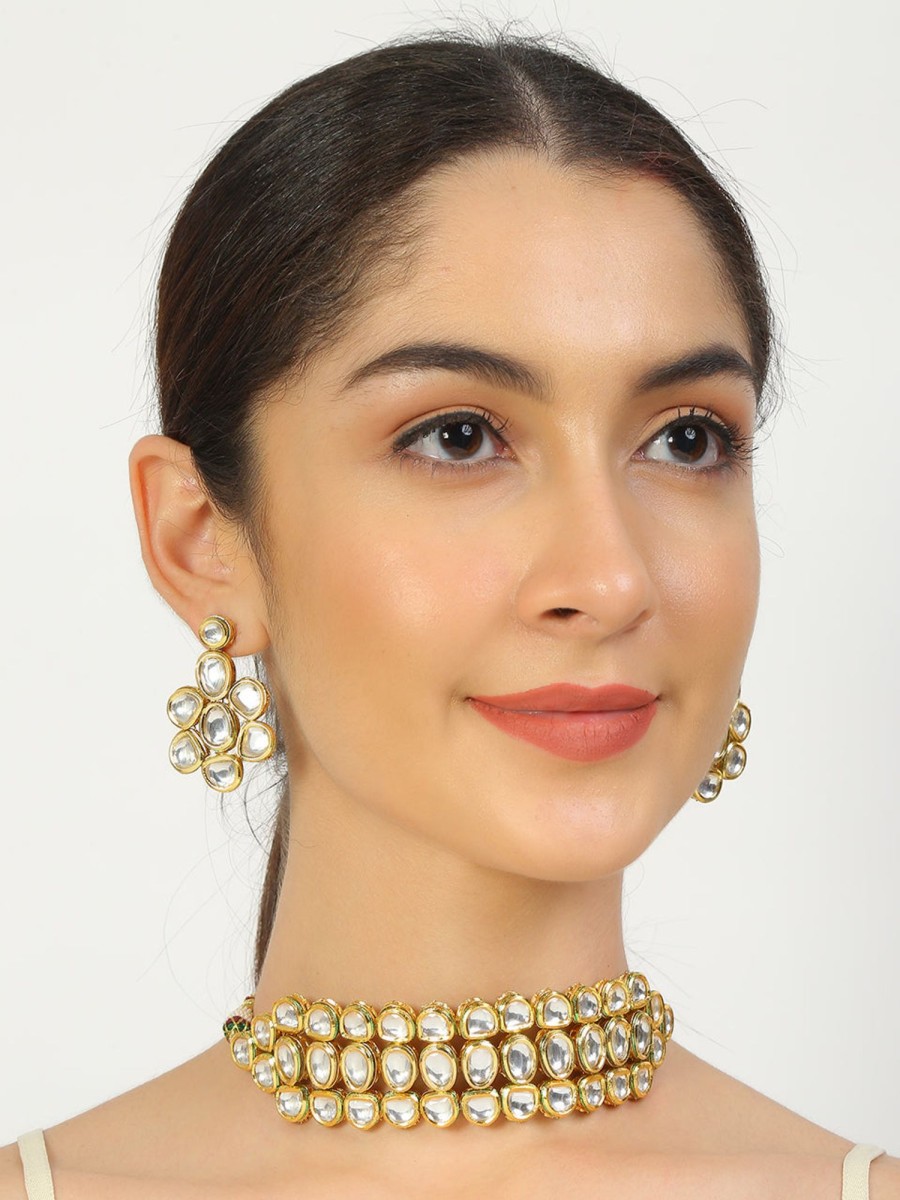 Jewellery Femizen | Women'S Kundan Choker With Earrings - Femizen Golden