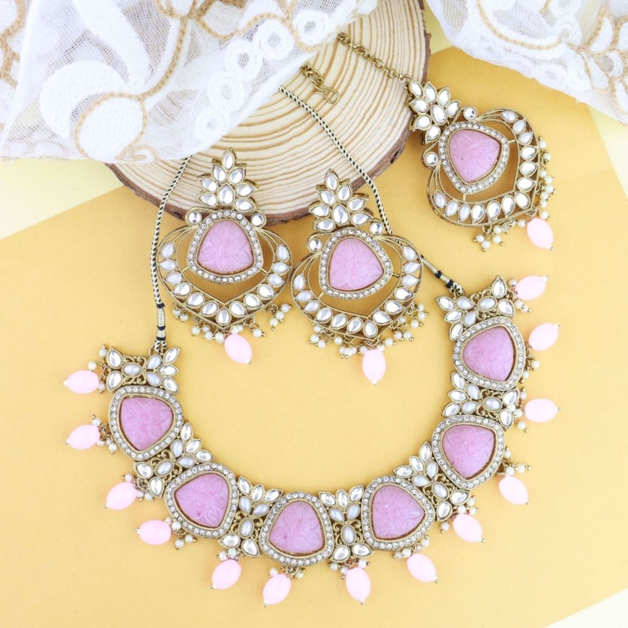 Jewellery I Jewels | Women'S 18K Gold Plated Traditional Pearl Kundan U0026 Stone Studded Jewellery Necklace Set With Maang Tikka - I Jewels Pink