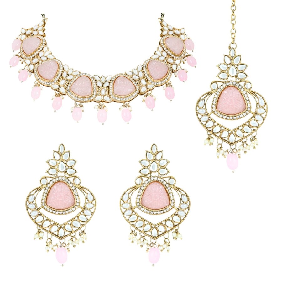 Jewellery I Jewels | Women'S 18K Gold Plated Traditional Pearl Kundan U0026 Stone Studded Jewellery Necklace Set With Maang Tikka - I Jewels Pink