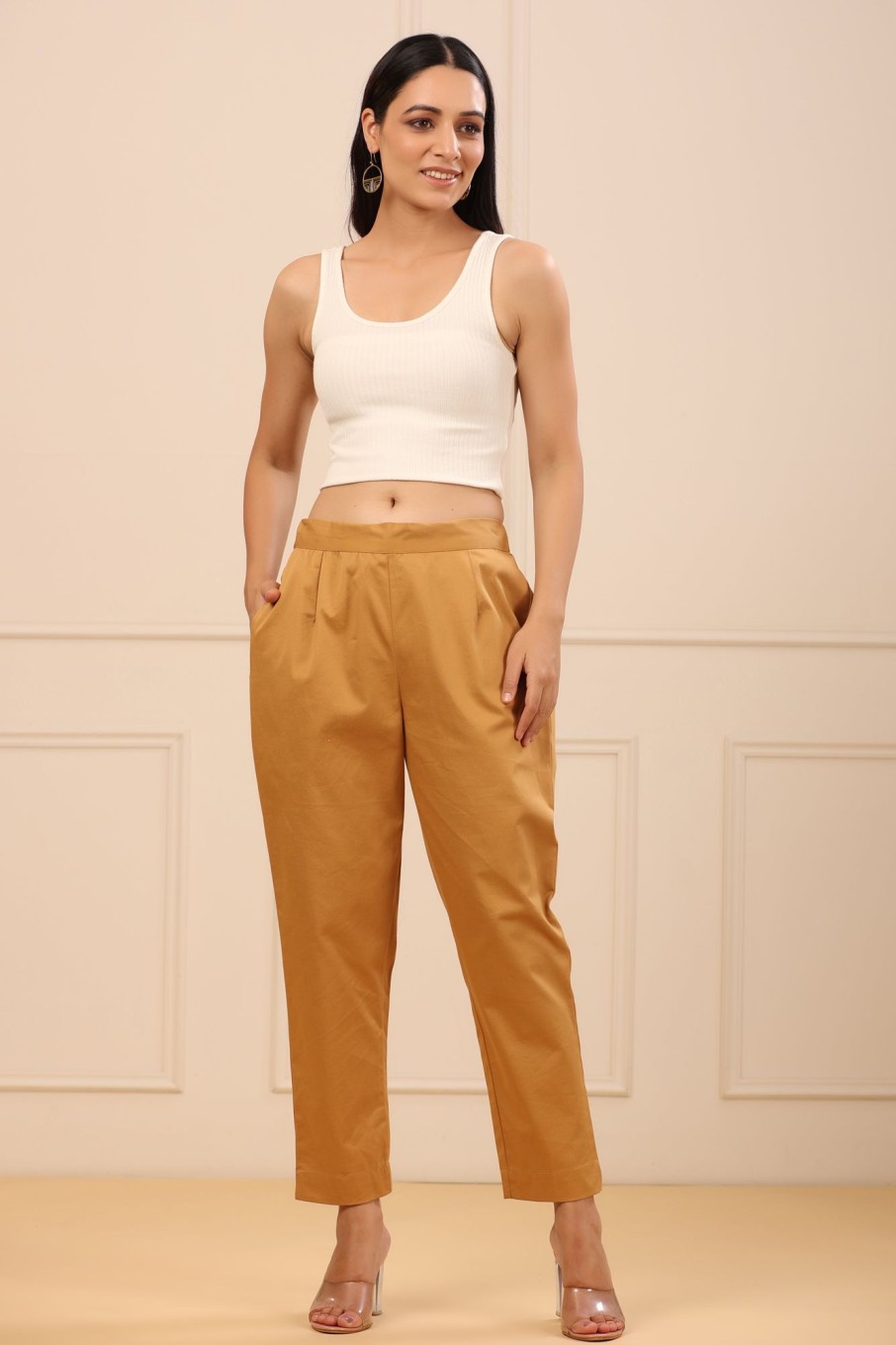 Women Juniper | Women'S Cotton Twill Lycra Solid Straight Pant - Juniper Gold