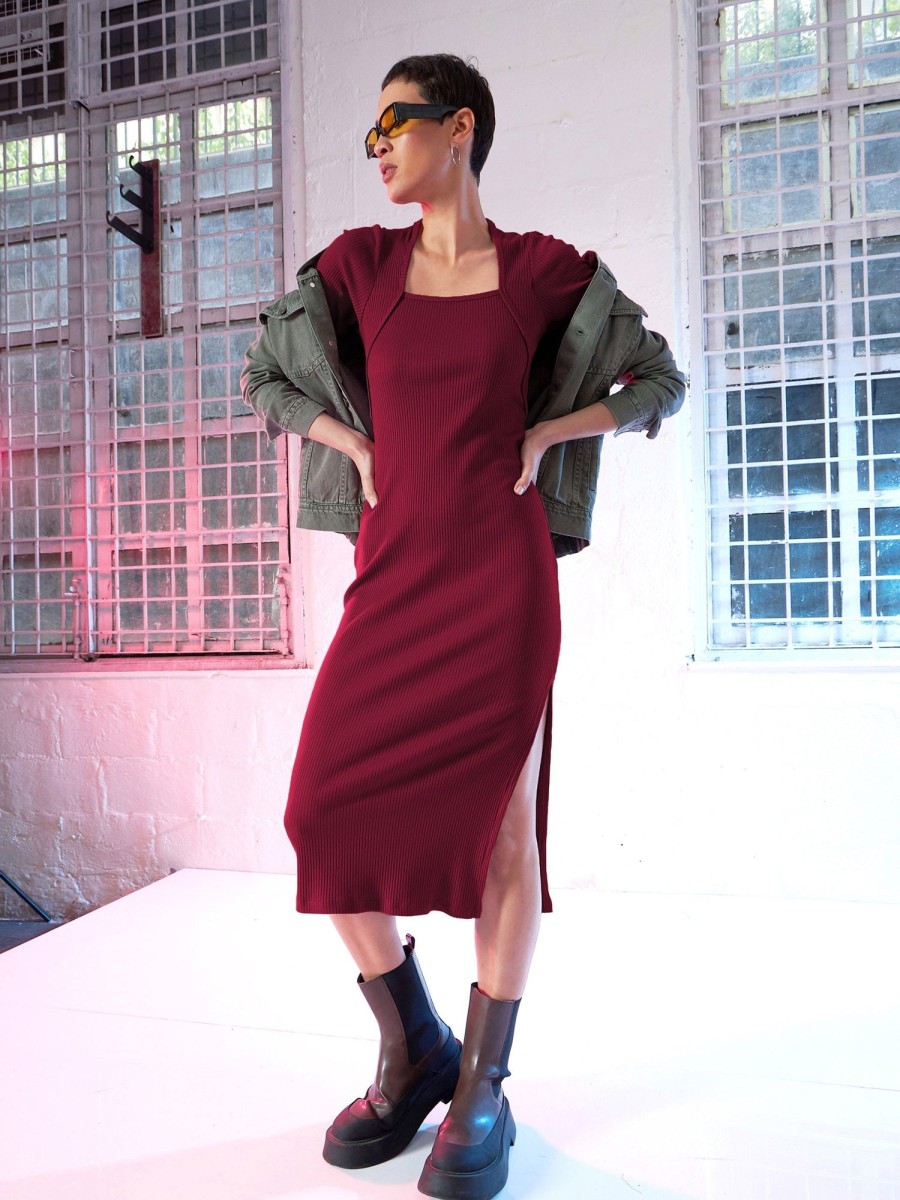 Women Lyush | Women'S Maroon Rib Side Slit Full Sleeves Bodycon Dress - Lyush