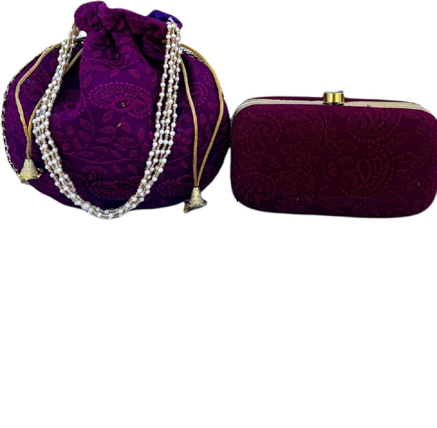 Others Ritzie | Women'S Chicken Kari Embroidery Boxclutch With Potli Purple - Ritzie