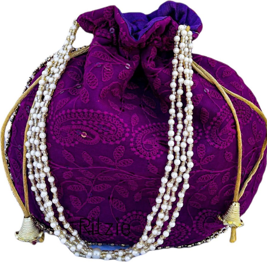 Others Ritzie | Women'S Chicken Kari Embroidery Boxclutch With Potli Purple - Ritzie