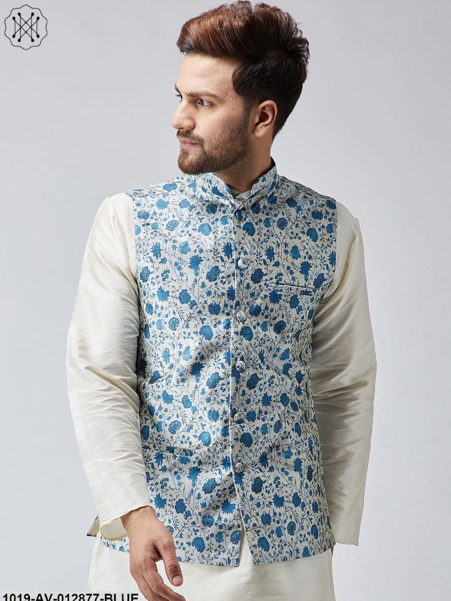 Men Sojanya | Men'S Blue Printed Nehru Jacket - Sojanya