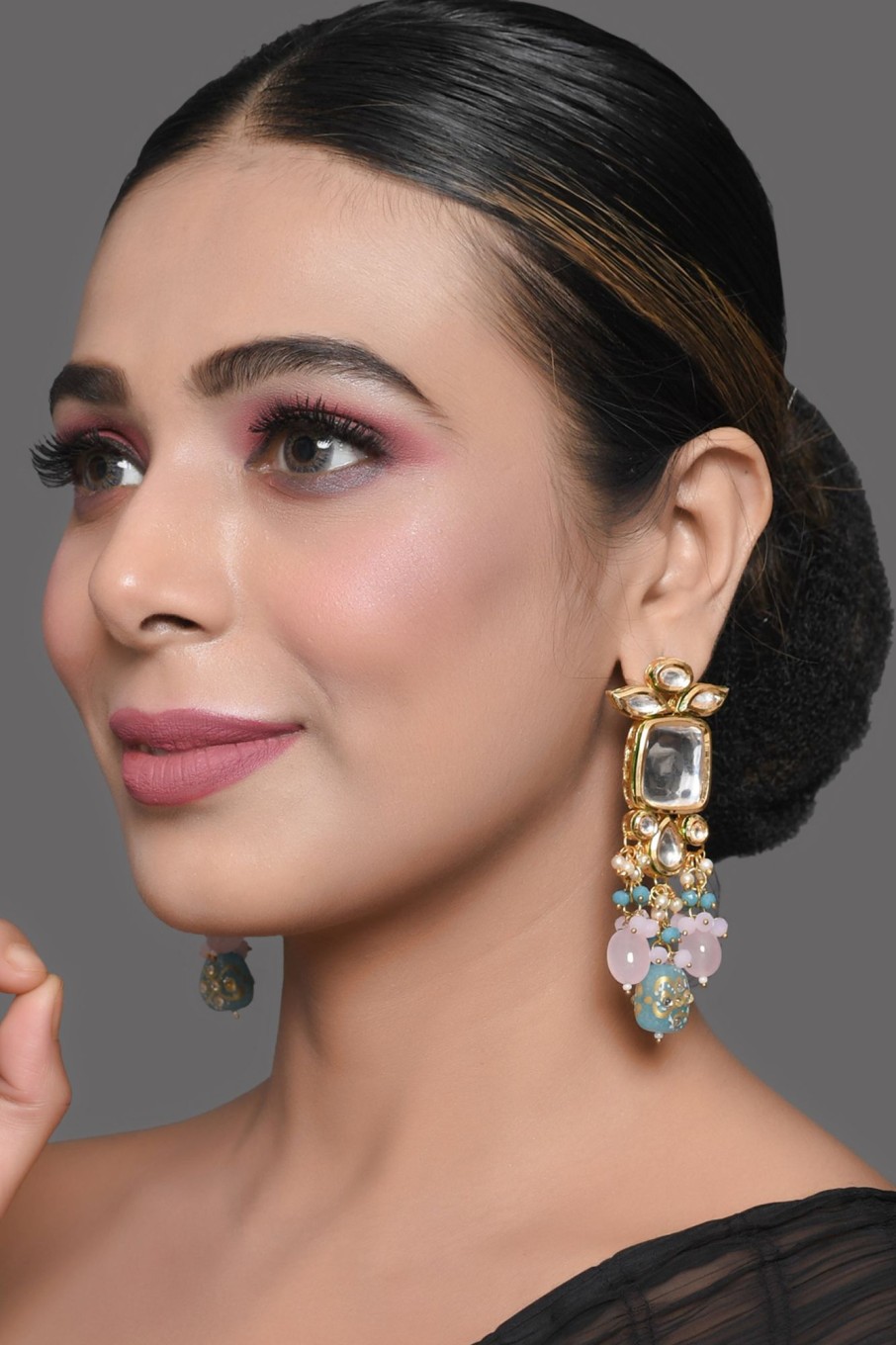 Jewellery Femizen | Women'S Pastel Blue U0026 Pink Beaded Handcrafted Kundan Earrings - Femizen