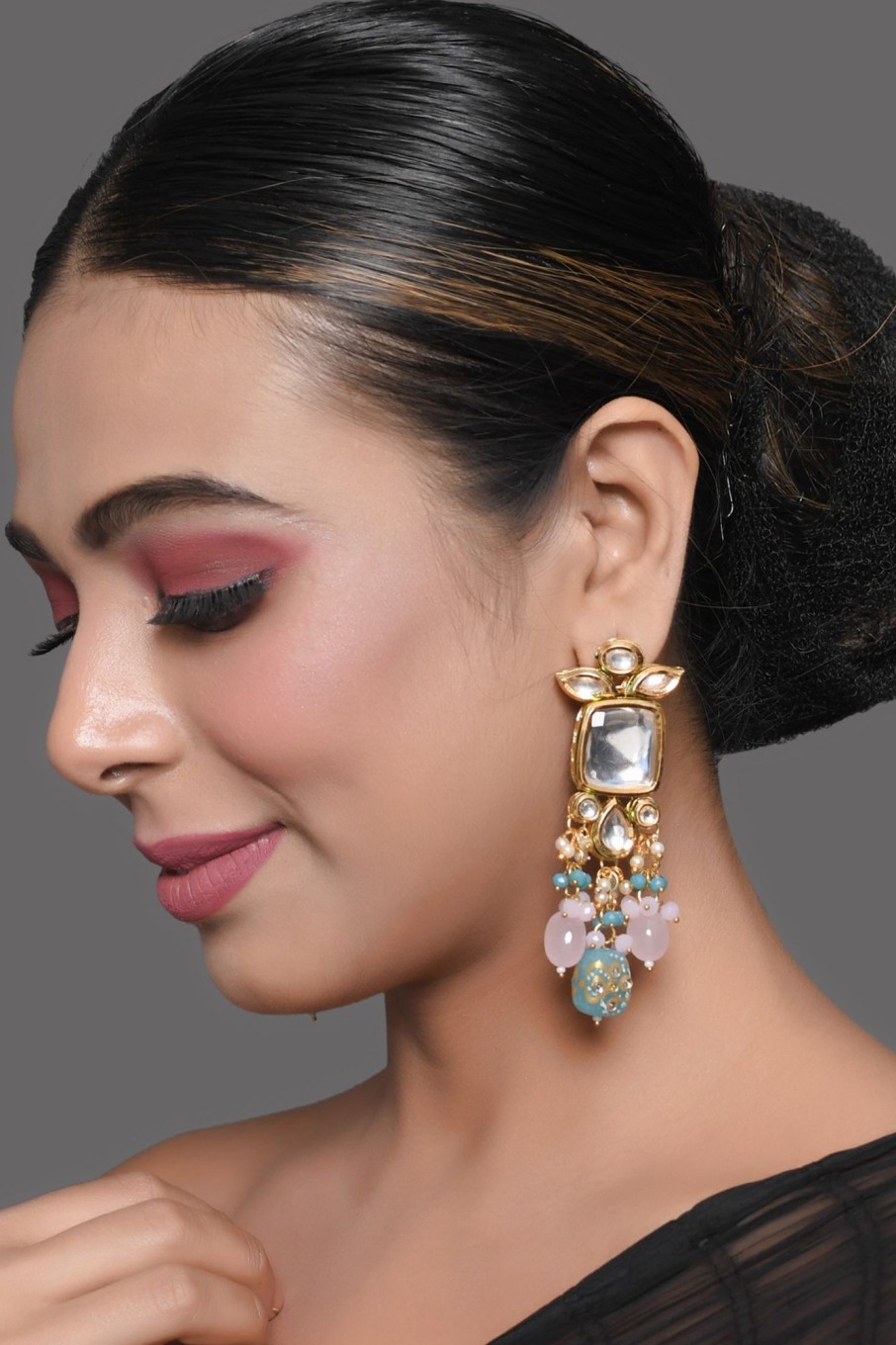 Jewellery Femizen | Women'S Pastel Blue U0026 Pink Beaded Handcrafted Kundan Earrings - Femizen