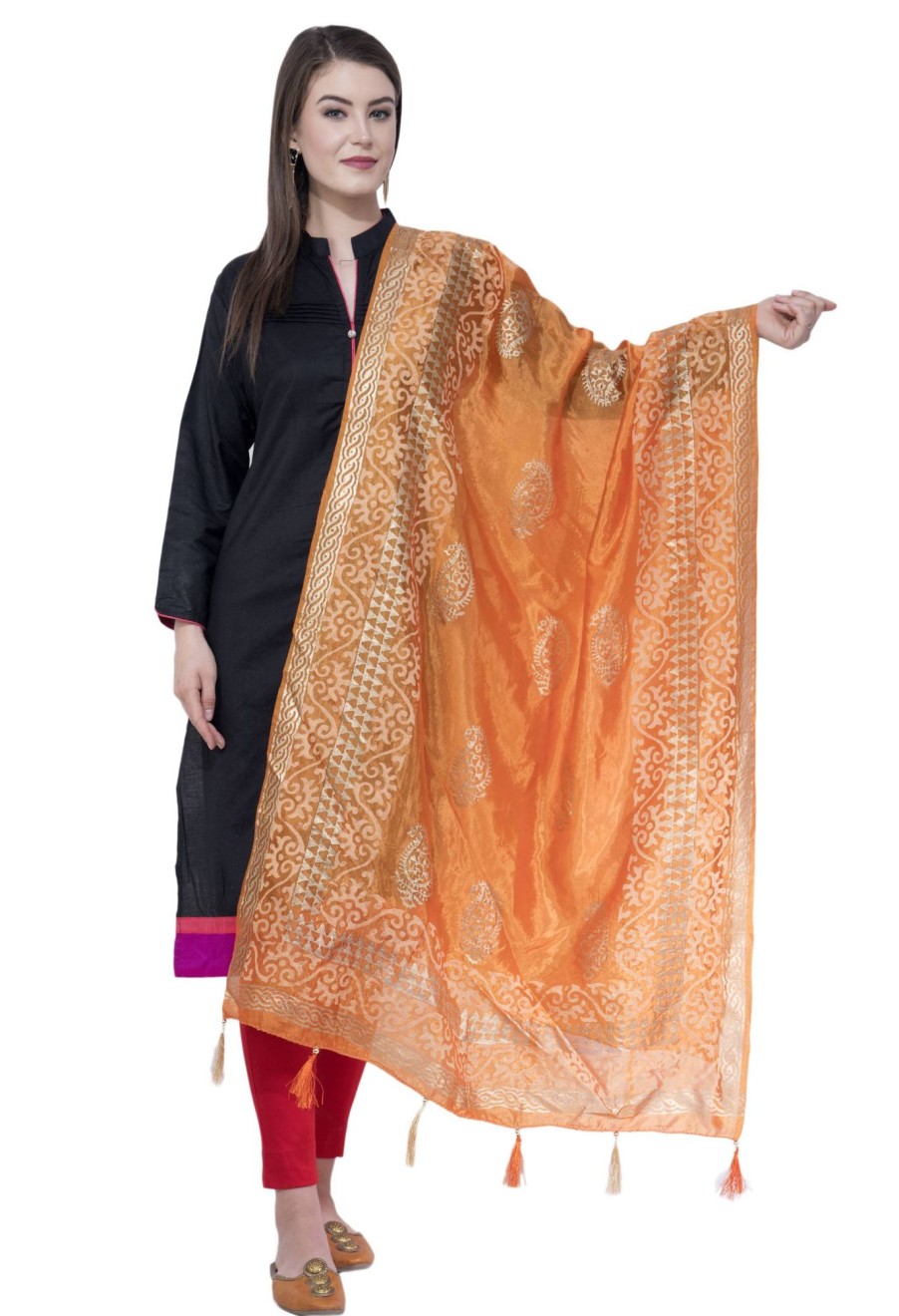 Women AR Silks | A R Silk Color Silk Pahadi Print Dupattas And Chunnis Orange