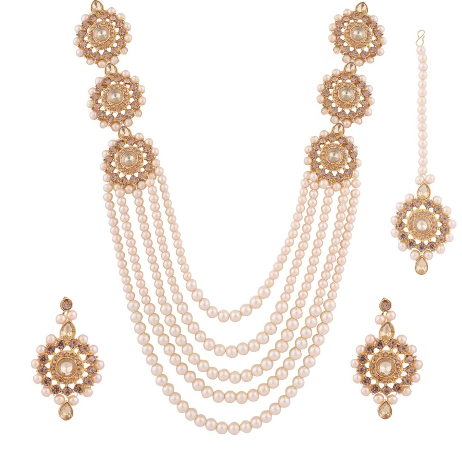 Jewellery Zaffre Collections | Women'S/Girl'S Beautiful Crystal And Pearl Necklace Set With Maang Tikka - Zaffre Collections Gold