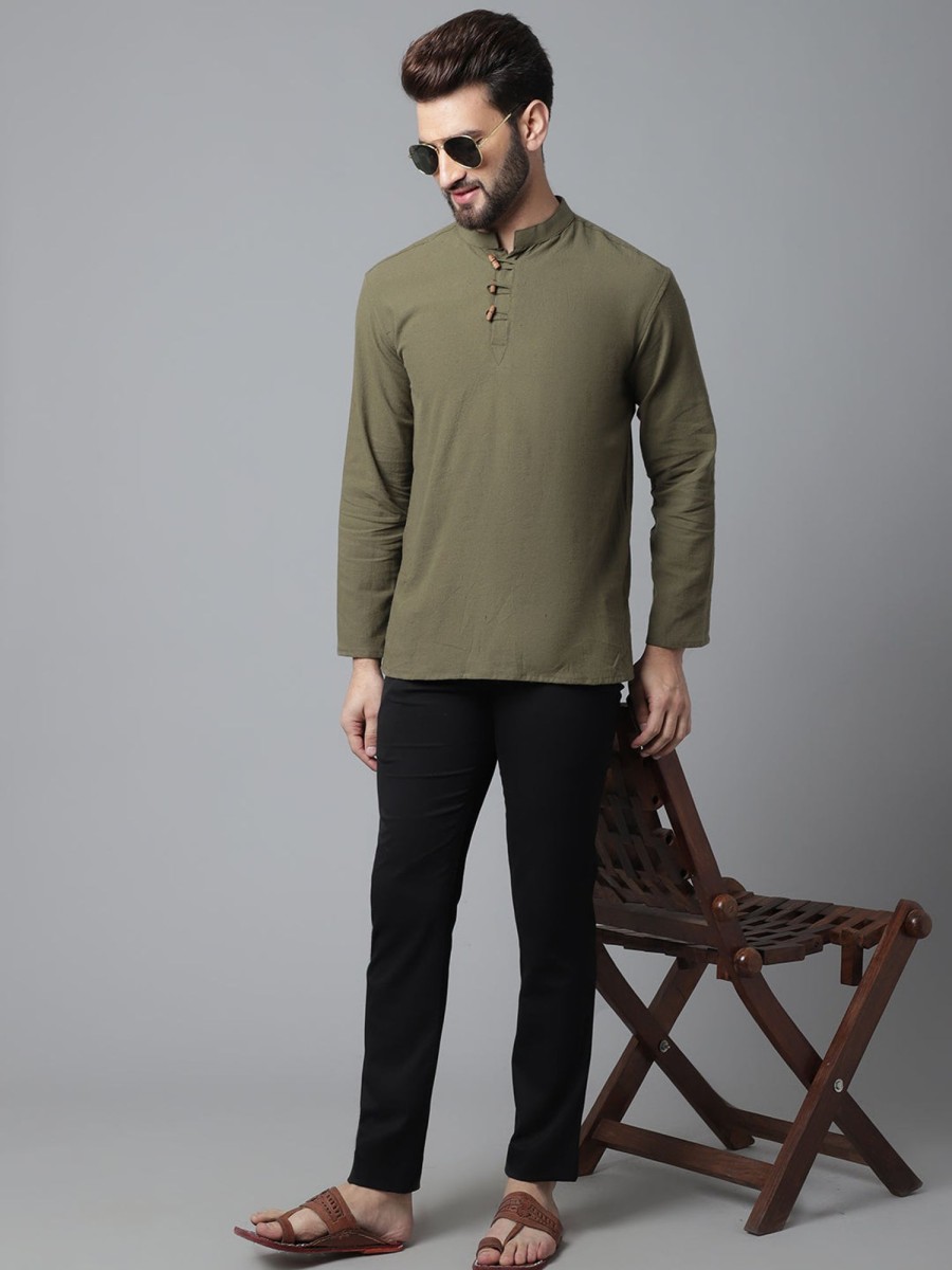 Men Even Apparels | Men'S Pure Cotton Kurta With Band Collar - Even Apparels Green