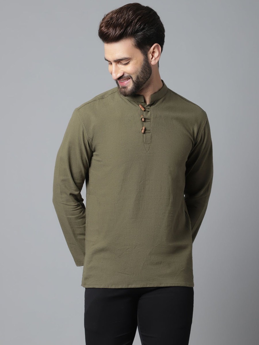 Men Even Apparels | Men'S Pure Cotton Kurta With Band Collar - Even Apparels Green