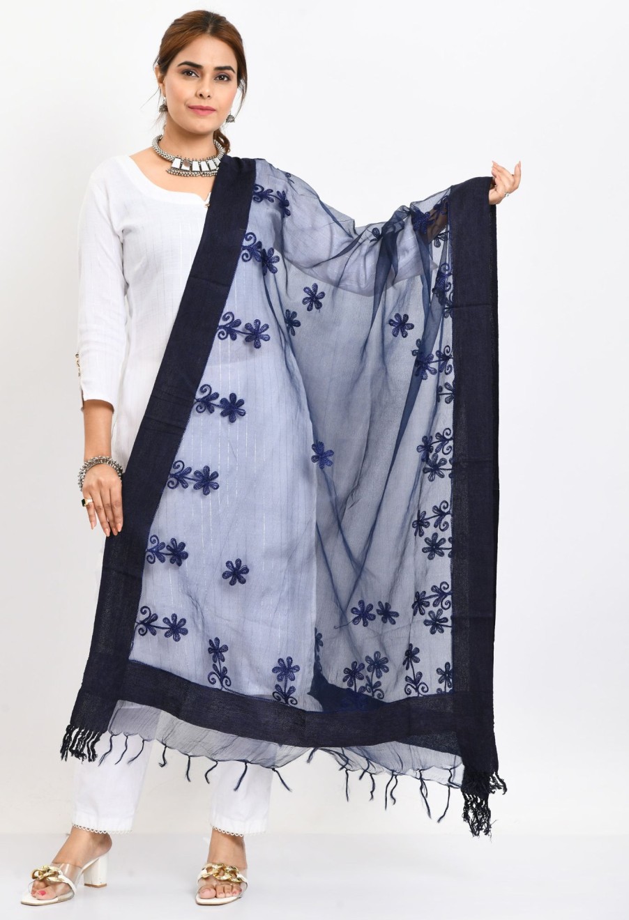 Women Moeza | Women'S Orgenza All Over Chikan Work Navy Dupatta - Moeza Blue