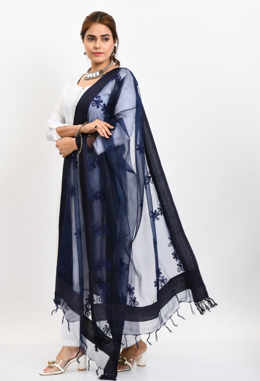 Women Moeza | Women'S Orgenza All Over Chikan Work Navy Dupatta - Moeza Blue