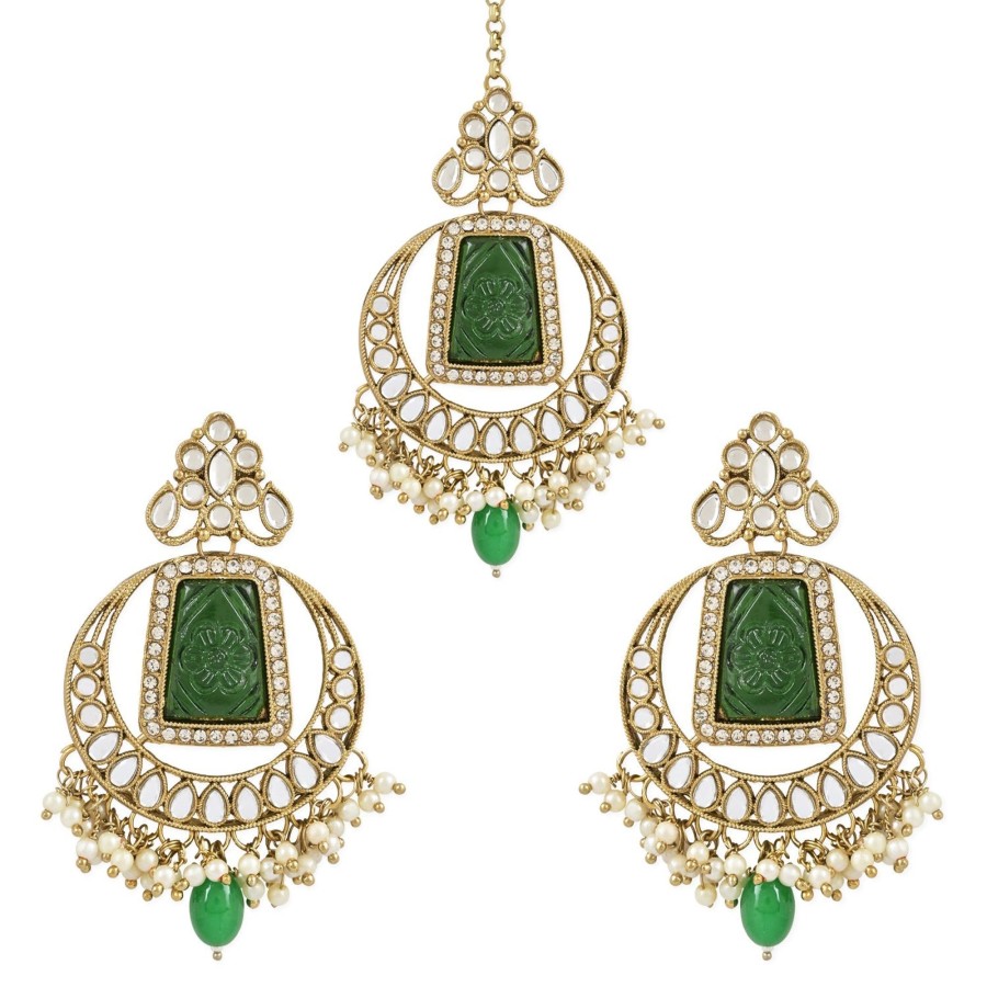 Jewellery I Jewels | Women'S Traditional Pearl Hanging Kundan Stone Studed Chandbali Earring With Maang Tikka - I Jewels Green