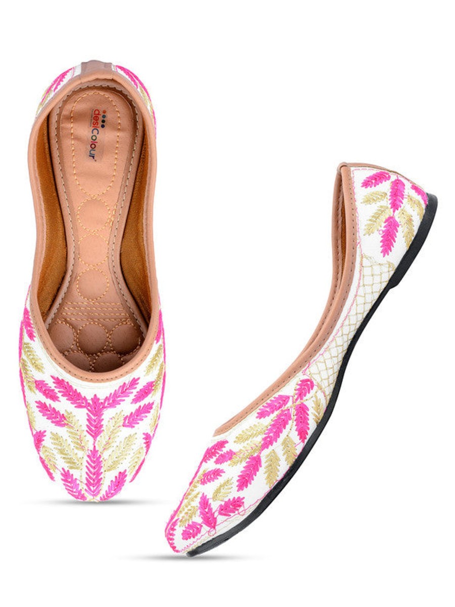 Others Desi Colour | Women'S White Embroidered Indian Handcrafted Ethnic Comfort Footwear - Desi Colour