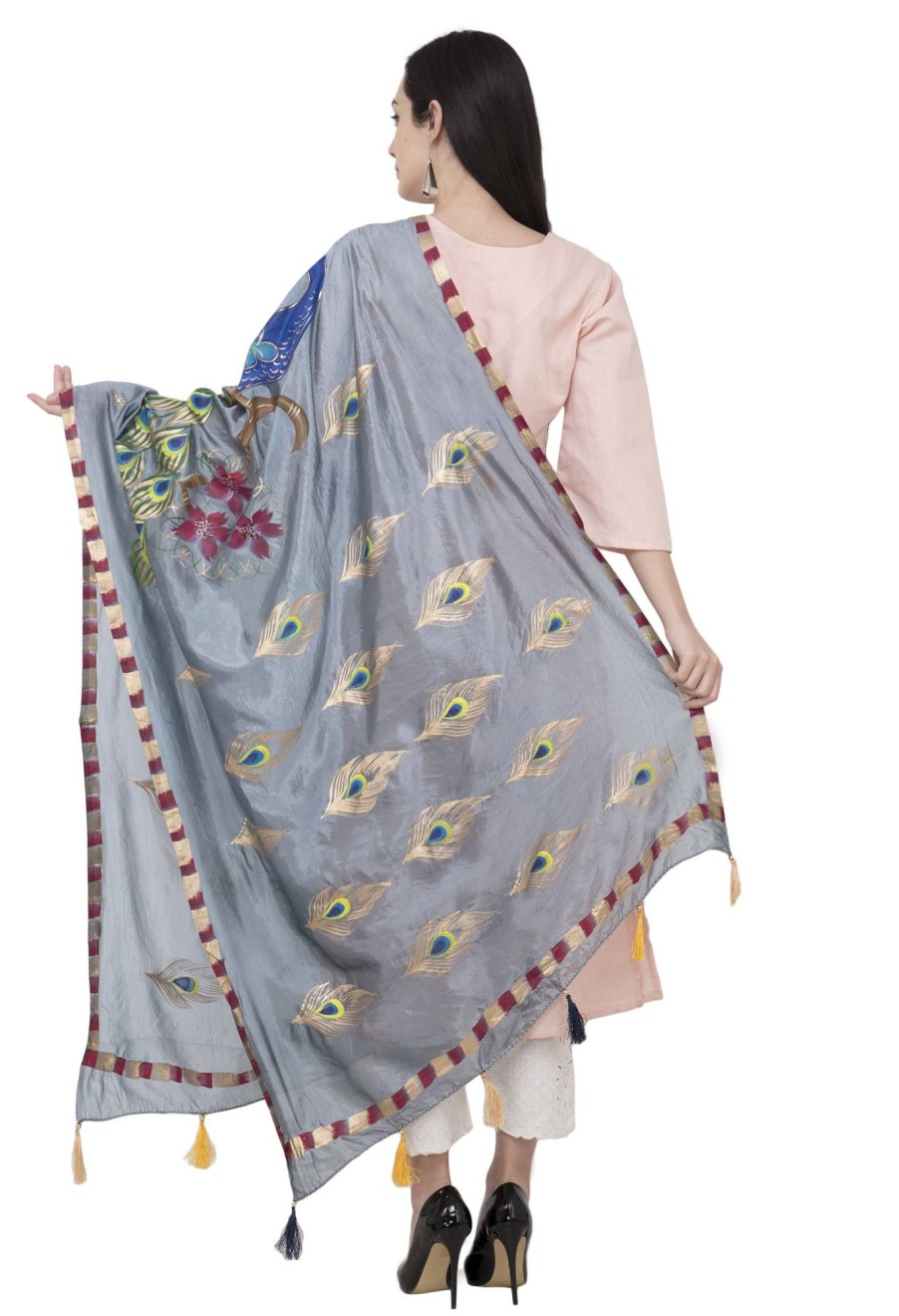 Women AR Silks | A R Silk Silk Peacock Multi Fancy Dupatta Color Dupatta Or Chunni Gray