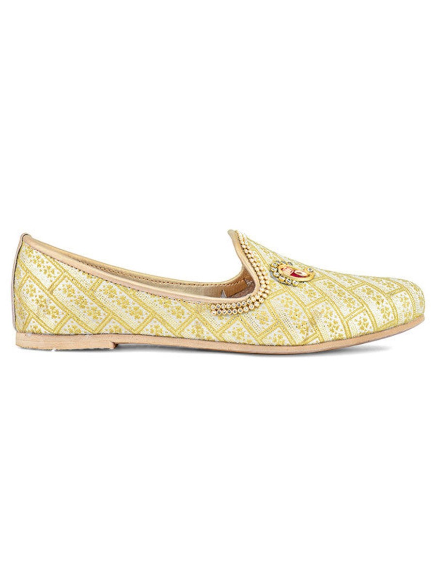 Others Desi Colour | Men'S Indian Ethnic Party Wear Embroidered Golden Footwear - Desi Colour