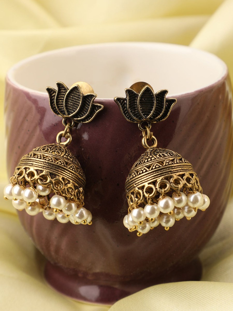 Jewellery Anikas Creation | Women'S Golden Oxidided Lotus Shape Pearl Jhumka Earring - Anikas Creation