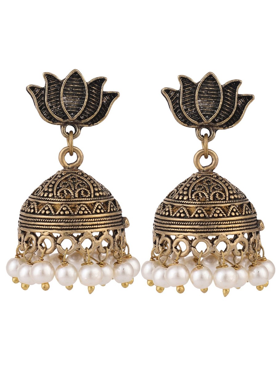 Jewellery Anikas Creation | Women'S Golden Oxidided Lotus Shape Pearl Jhumka Earring - Anikas Creation