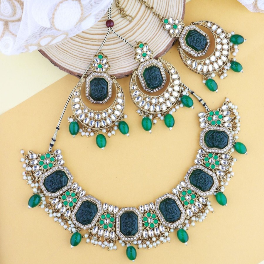 Jewellery I Jewels | Women'S 18K Gold Plated Traditional Pearl Kundan U0026 Stone Studded Jewellery Necklace Set With Maang Tikka - I Jewels Green