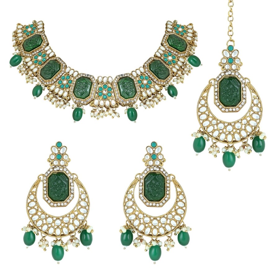 Jewellery I Jewels | Women'S 18K Gold Plated Traditional Pearl Kundan U0026 Stone Studded Jewellery Necklace Set With Maang Tikka - I Jewels Green