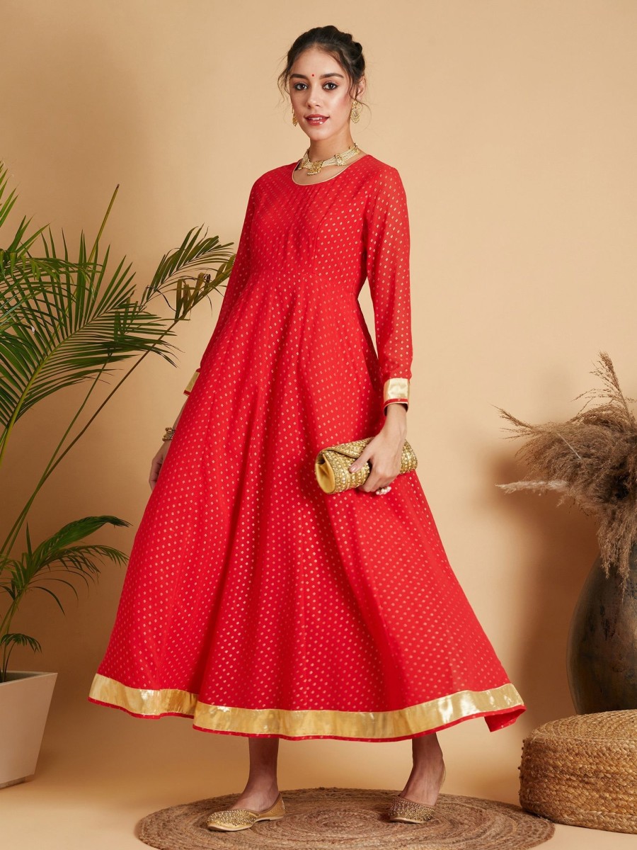 Women Lyush | Women'S Red Dot Foil Print Anarkali Dress - Lyush