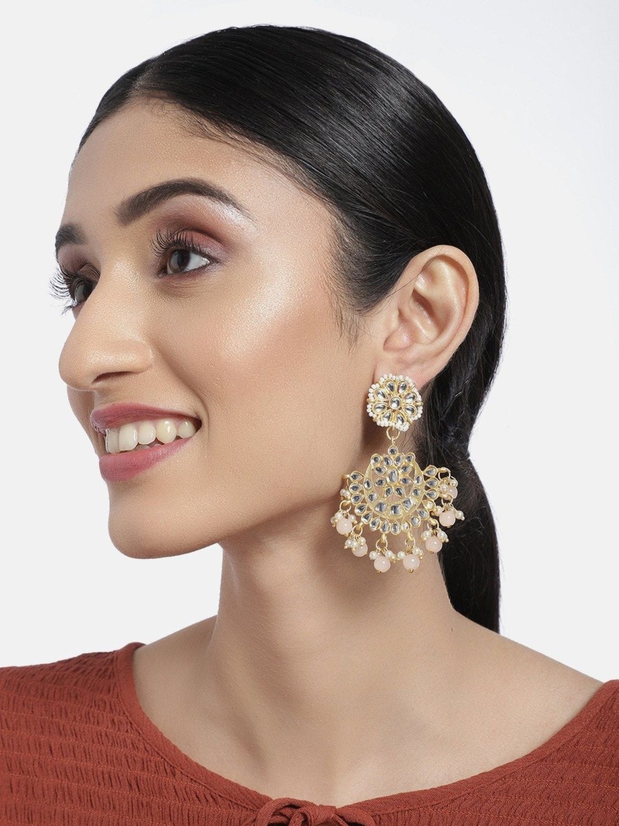 Jewellery I Jewels | Women'S Gold Plated Matt Finish Chandbali Earrings Handcrafted Kundan U0026 Pearl - I Jewels Peach