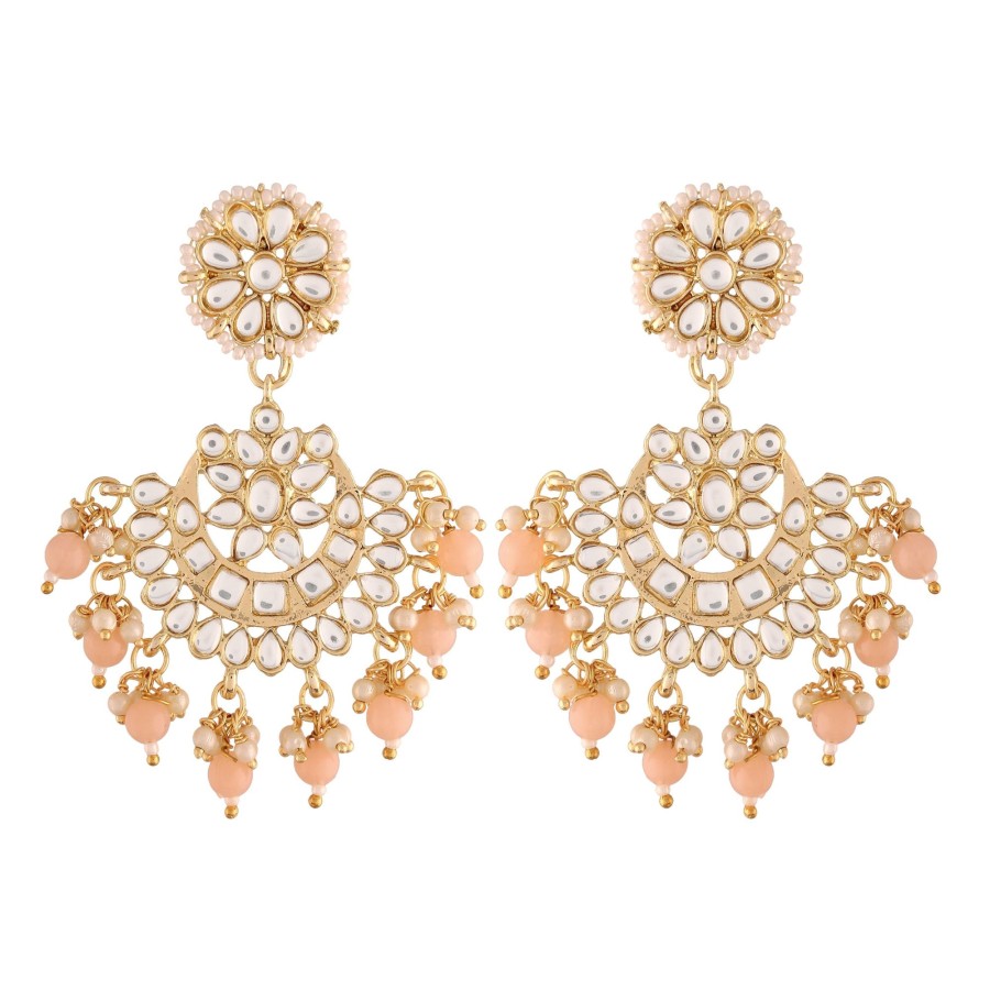 Jewellery I Jewels | Women'S Gold Plated Matt Finish Chandbali Earrings Handcrafted Kundan U0026 Pearl - I Jewels Peach