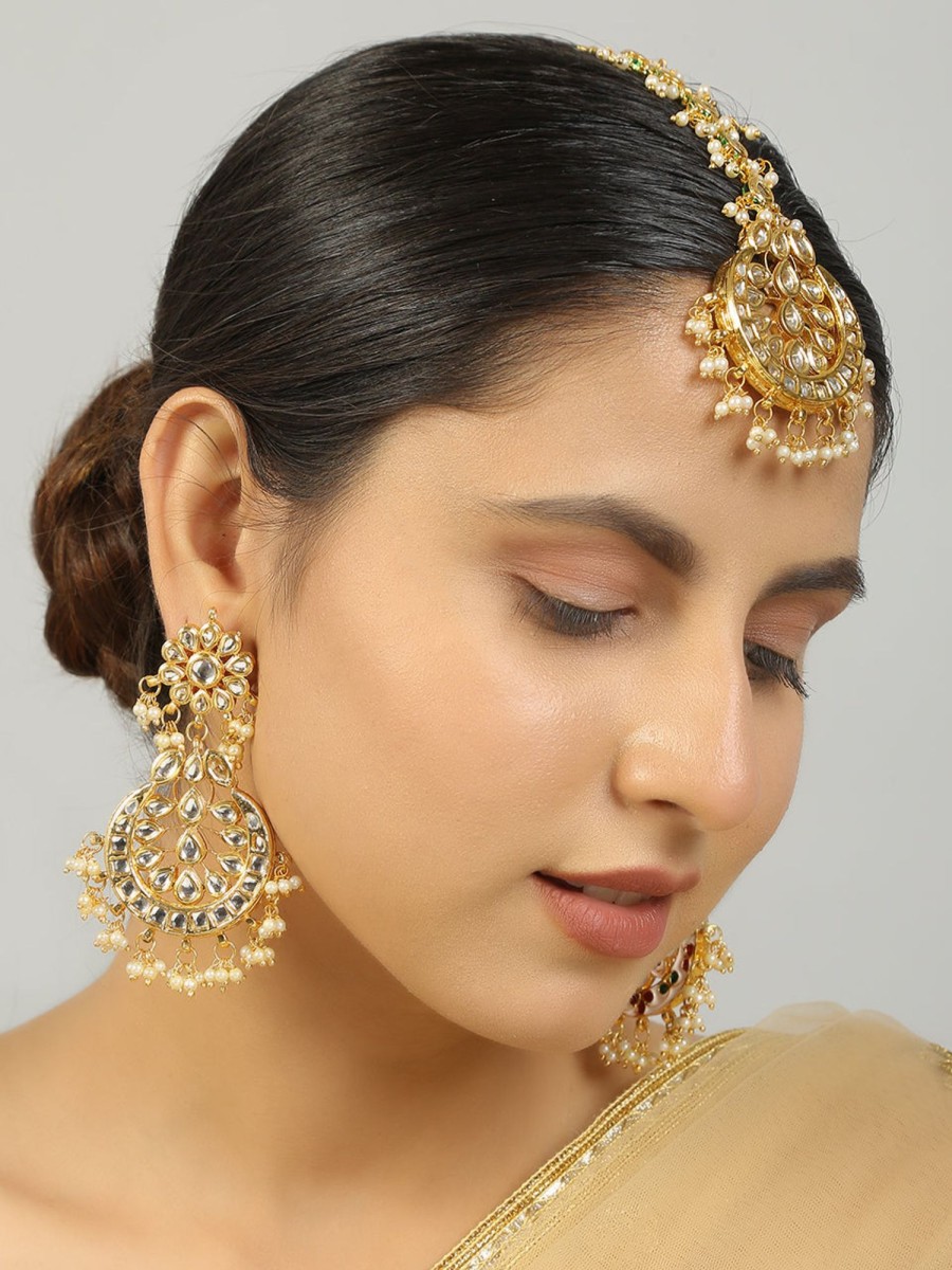 Jewellery Femizen | Women'S Kundan Earrings U0026 Maang Tikka Set - Femizen Golden