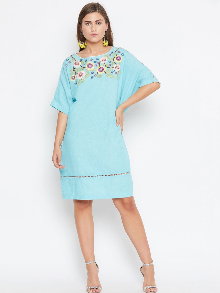 Women The Kaftan Company | Women'S Floral Hand Embroidered Cotton Dress - The Kaftan Company Blue