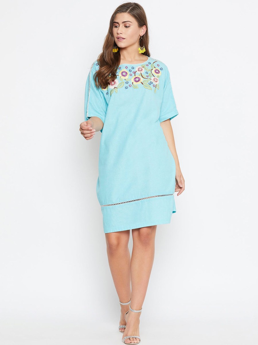 Women The Kaftan Company | Women'S Floral Hand Embroidered Cotton Dress - The Kaftan Company Blue