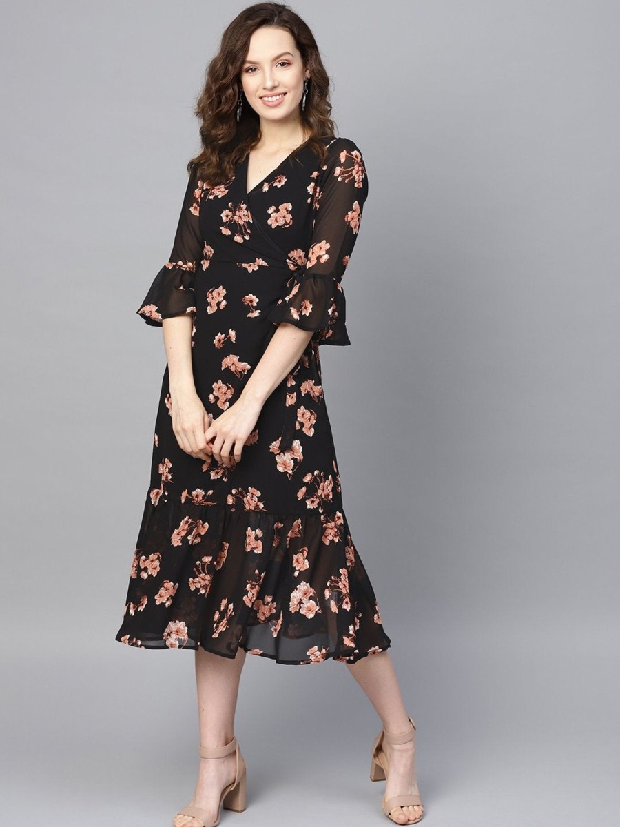 Women Final Clearance Sale | Women'S Black Floral Wrap Tie Dress - Final Clearance Sale