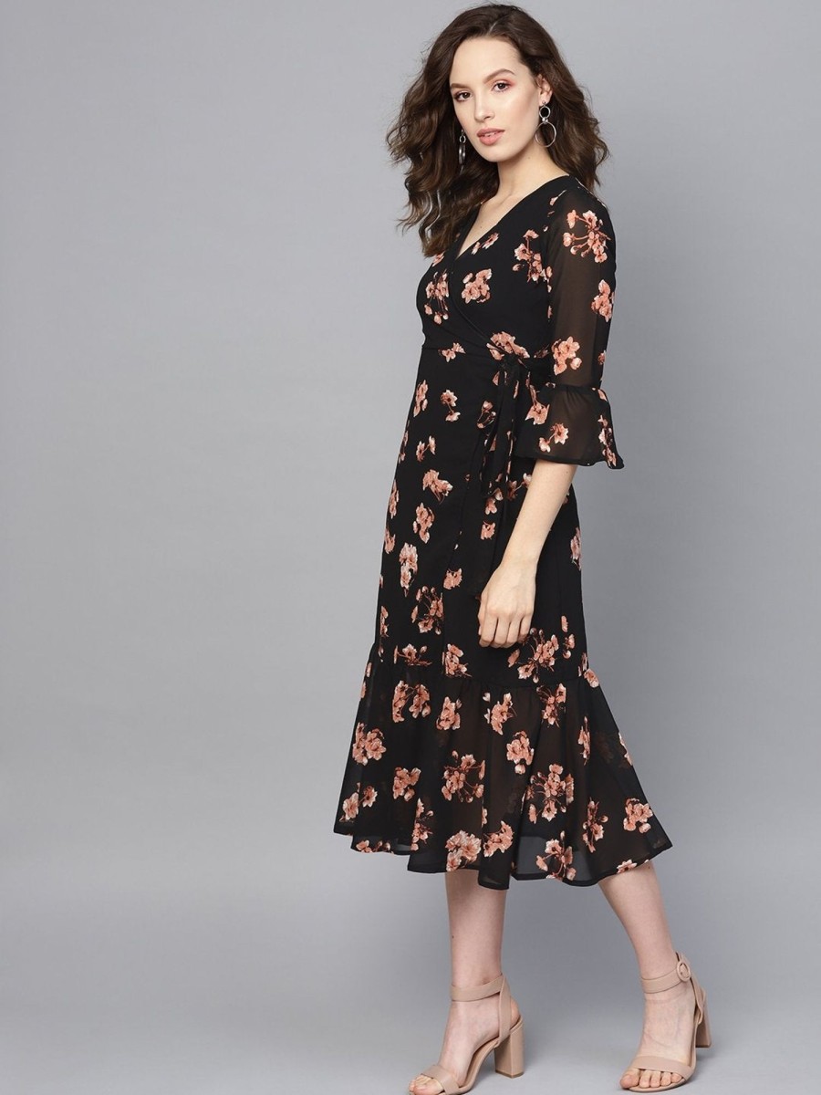 Women Final Clearance Sale | Women'S Black Floral Wrap Tie Dress - Final Clearance Sale