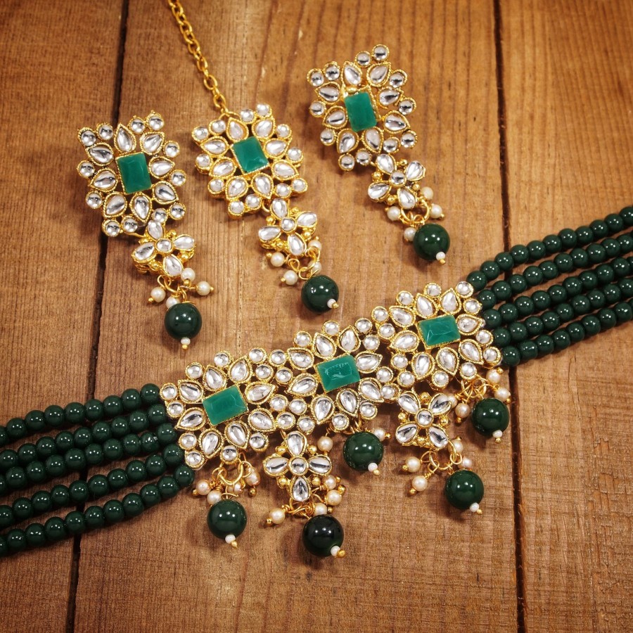 Jewellery I Jewels | Women'S Gold Plated Pearl U0026 Kundan Studded Choker Necklace Set With Earrings U0026 Maang Tikka - I Jewels Green