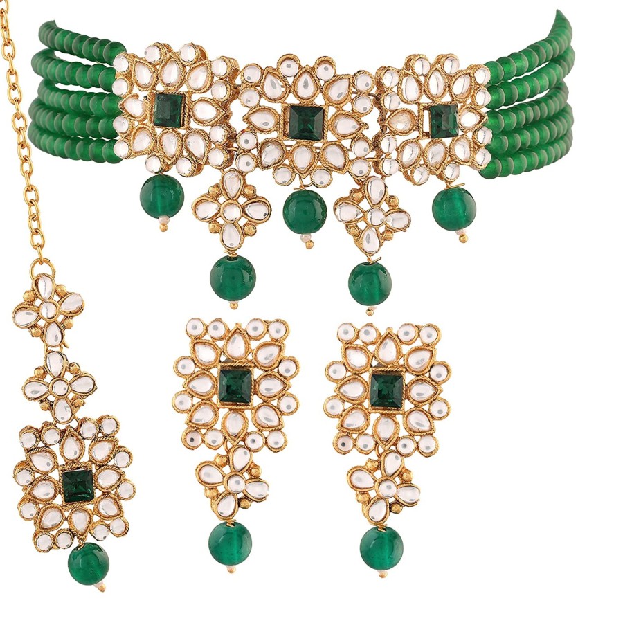 Jewellery I Jewels | Women'S Gold Plated Pearl U0026 Kundan Studded Choker Necklace Set With Earrings U0026 Maang Tikka - I Jewels Green