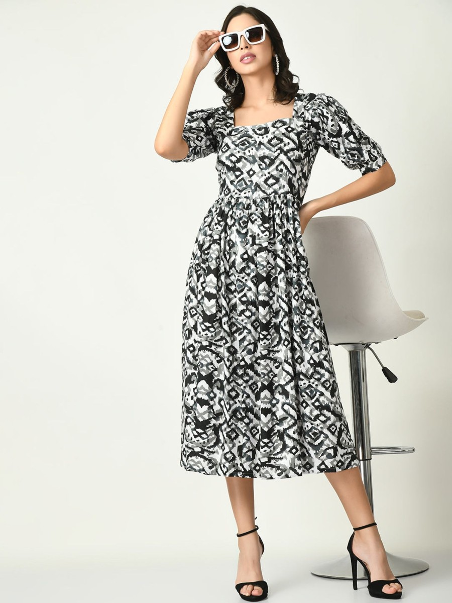 Women NOZ2TOZ | Women'S Printed Midi Dress - Noz2Toz Black