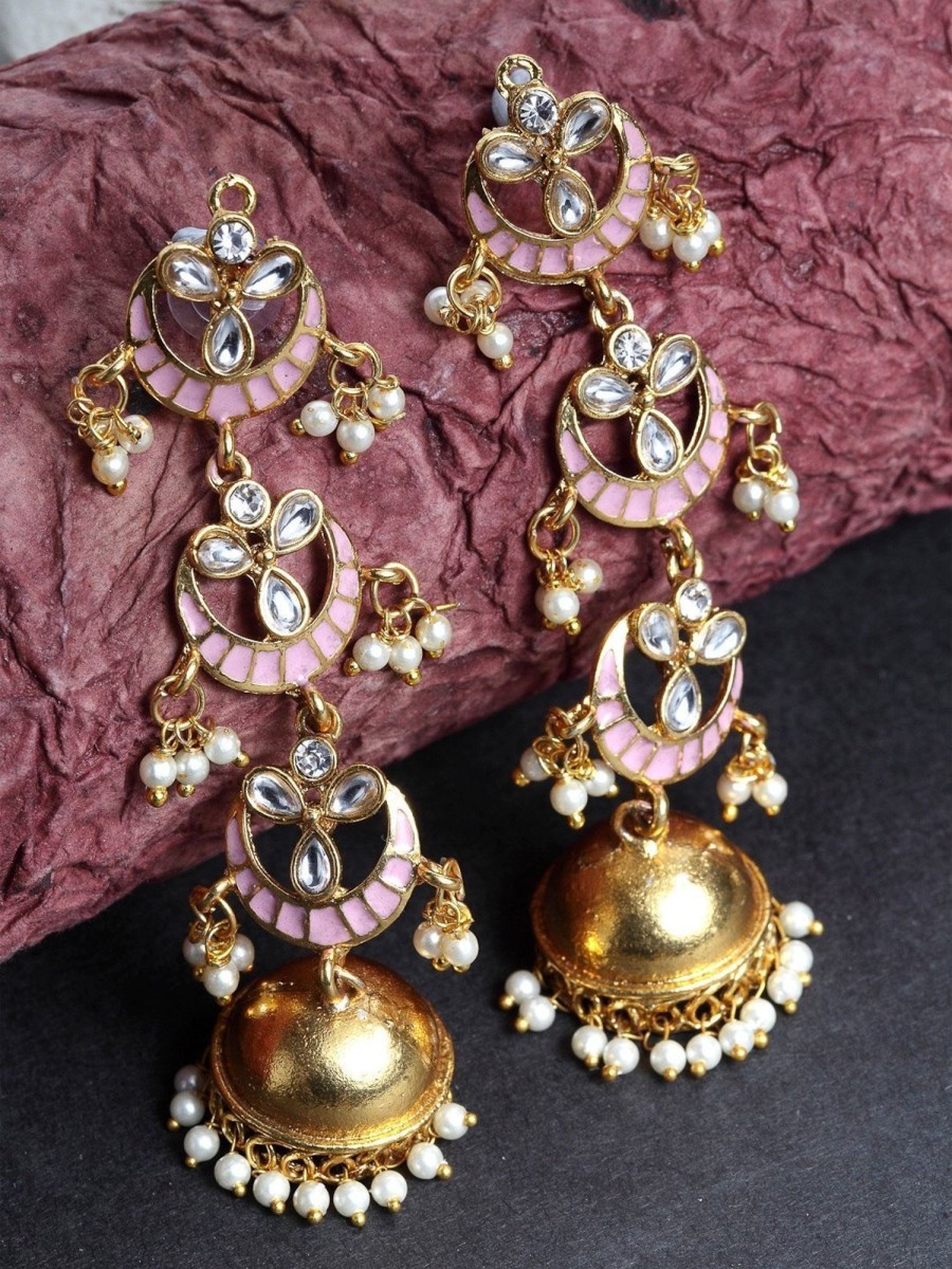 Jewellery I Jewels | Women'S Gold Plated 3 Layered Long Jhumki Earrings With Enamel Glided With Kundans U0026 Pearls - I Jewels Pink