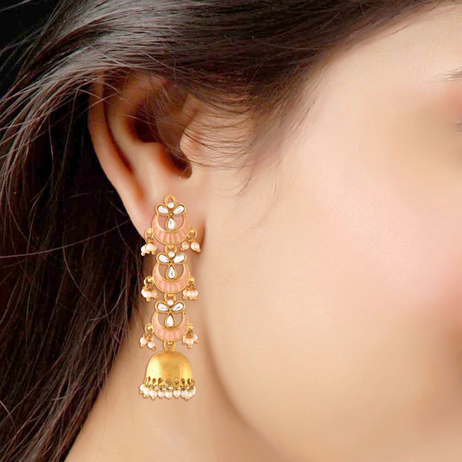 Jewellery I Jewels | Women'S Gold Plated 3 Layered Long Jhumki Earrings With Enamel Glided With Kundans U0026 Pearls - I Jewels Pink