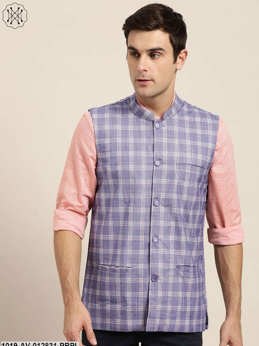 Men Sojanya | Men'S Cotton Blend Purple U0026 Yellow Checked Nehru Jacket - Sojanya