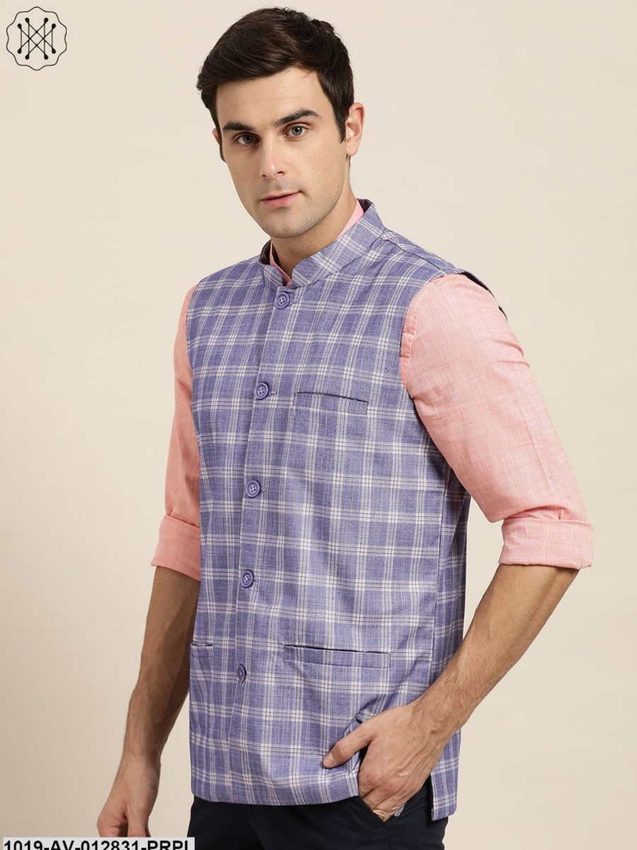 Men Sojanya | Men'S Cotton Blend Purple U0026 Yellow Checked Nehru Jacket - Sojanya