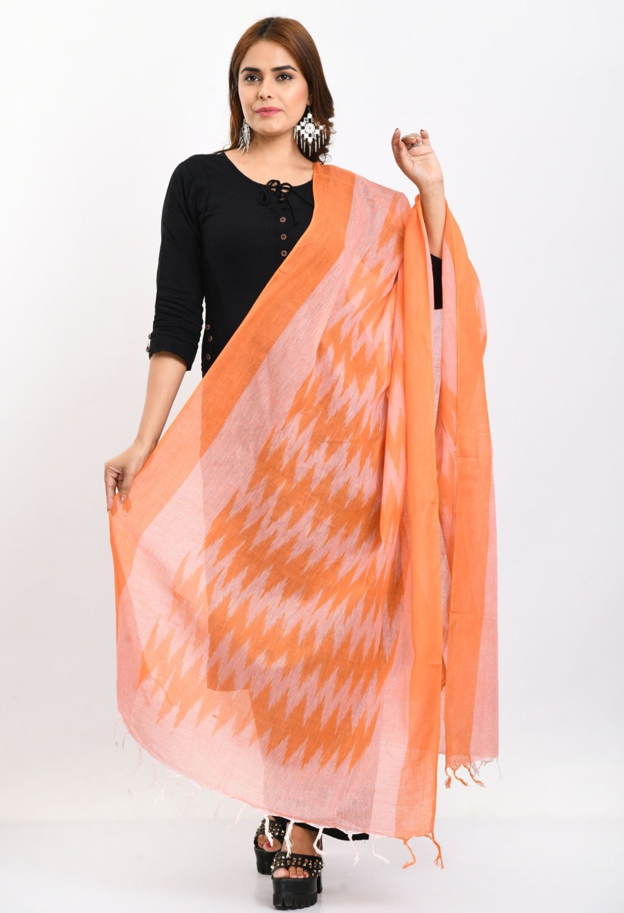 Women Moeza | Women'S Handloom Cotton Ikkat Dupatta - Moeza Orange